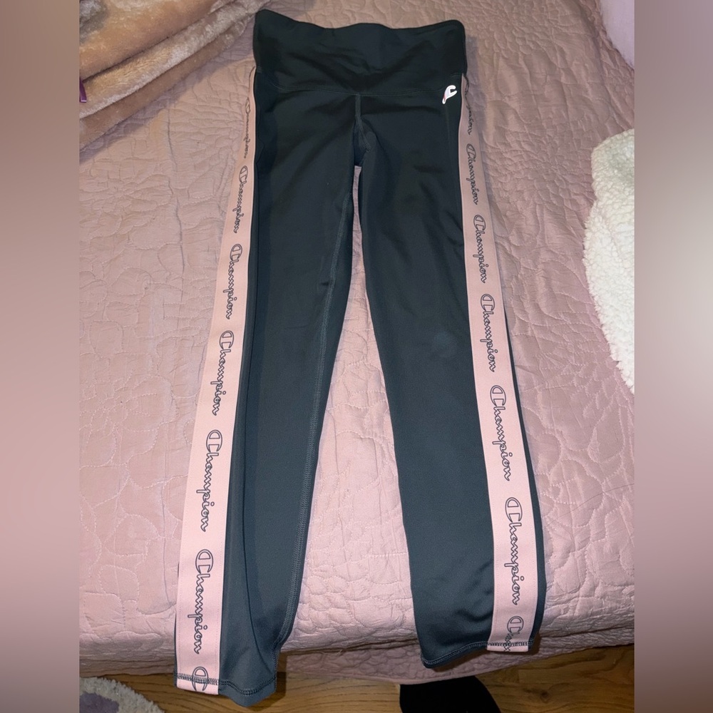 Champion Junior Black Leggings with Pink Logo Stripes
